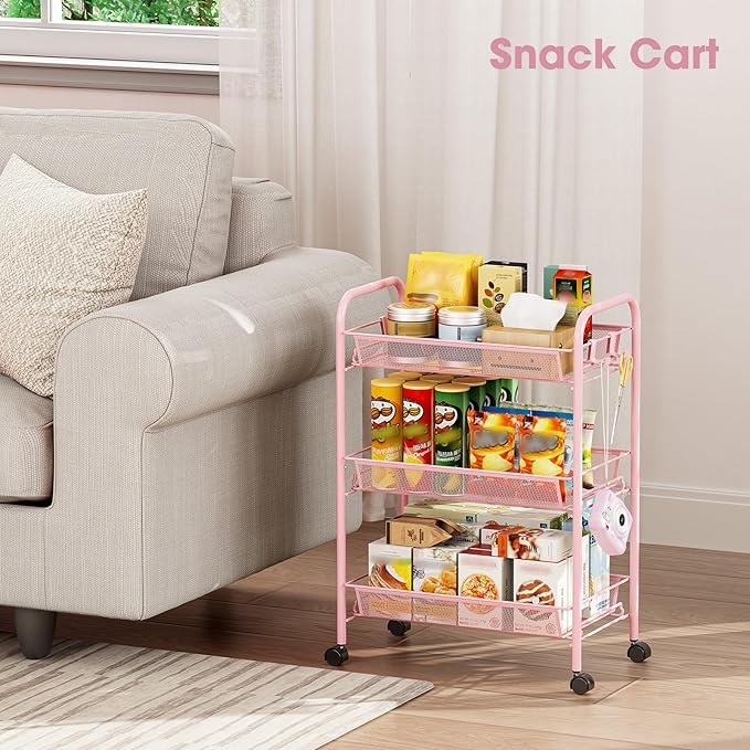 TOOLF 3 Tier Rolling Utility Cart - Durable Metal Design Pink Utility Cart, Storage Trolley on Wheels with 3 Hooks, Perfect for Kitchen, Bathroom & Laundry Room Organization