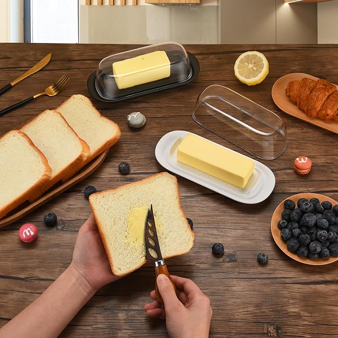 Butter Dish with Clear Lid, Butter Keeper for Countertop, Airtight Butter Dish, Plastic Butter Keeper Tray for West/ East Coast Butter, Dishwasher Safe(Black)
