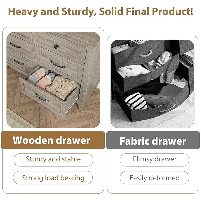 GarveeHome 6 Dresser for Bedroom, 47 in Wide Drawer Dresser with Storage Freestanding, Wooden Closet Storage Chest for Living Room, Bedroom, Entryway, Grey