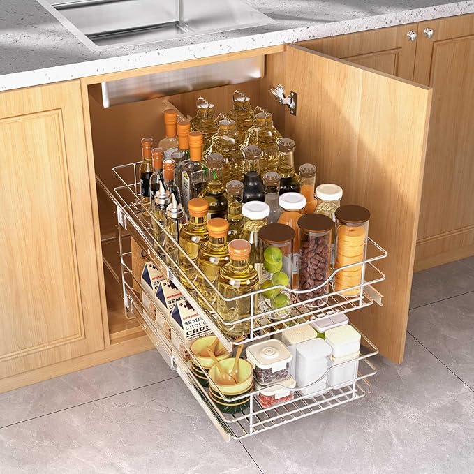 2 Tier Pull Out Cabinet Organizer,(20½"W x 22" D) Soft Close Slide Out Drawer For Kitchen Base Cabinet, Individual Pull Out Shelf, Roll Out Pantry Organization, 22 Inch Deep