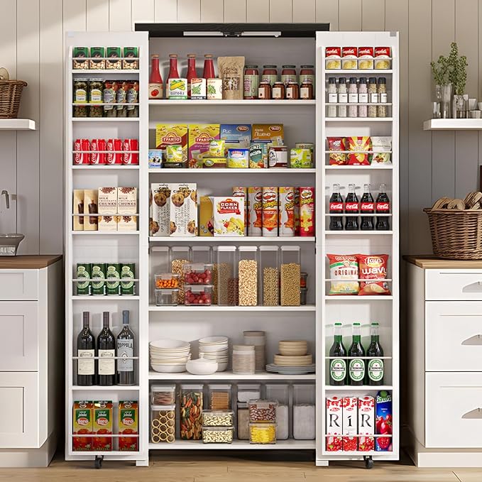 White Farmhouse Kitchen Pantry Cabinet, 72" Tall Storage Cabinet with Adjustable Shelves，Farmhouse LED Food Storage with 2 Barn Doors for Kitchen, Dining Room, Living Room