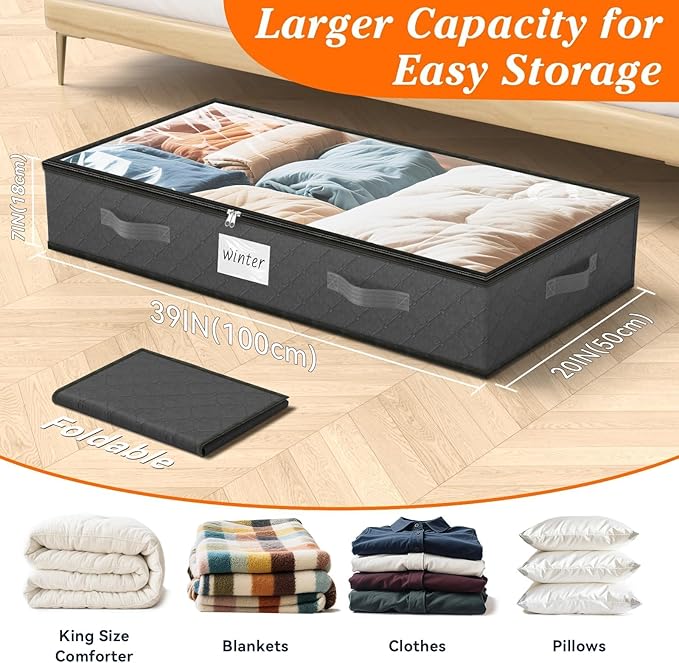 SpaceWhisper 90L Under Bed Storage Containers, 2-Pack Storage Bins with Clear Top, Foldable Closet Organizers and Storage with Label Holder for Clothing, Blankets, Comforter & Pillows (Grey)
