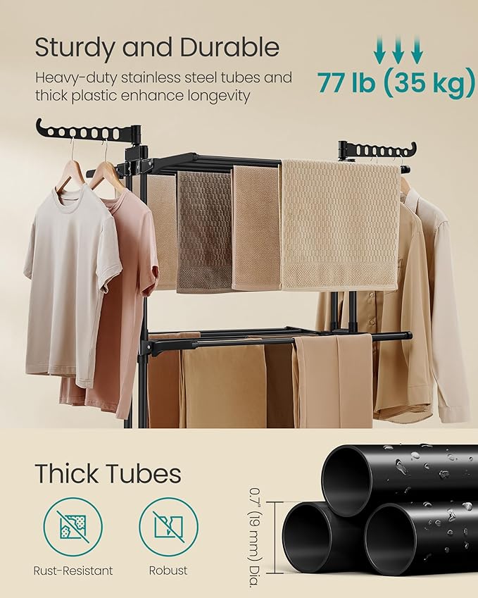 SONGMICS Clothes Drying Rack Stand 4-Tier, Foldable Laundry Drying Rack 68.1-Inch Tall, Stainless Steel, Rolling Clothes Horses Dryer Rack, Easy to Assemble, Indoor Outdoor Use, Ink Black ULLR701B01