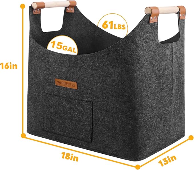XL 4MM Felt Firewood Carrier | Log Carrier for Firewood | Wood Container with Extra Thick Felt Foldable & Reinforced Handle | Storage Basket for Shopping, Firewood, Logs, Newspaper (BLACK)