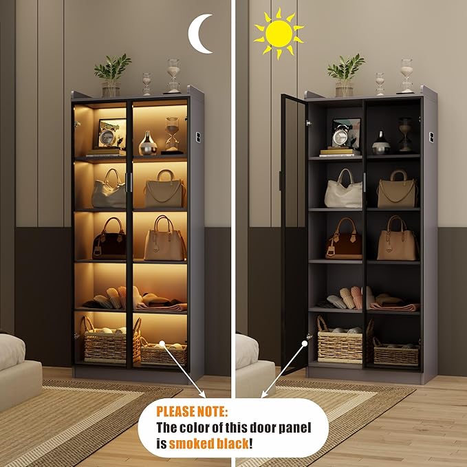 65" Tall Display Cabinet with Doors, Lighted Bookcase with Lights/Human Sensor, 5 Tier Display Case with Adjustable Shelves for Collectibles Bedroom Living Room Office, Grey-Smoked Black Door