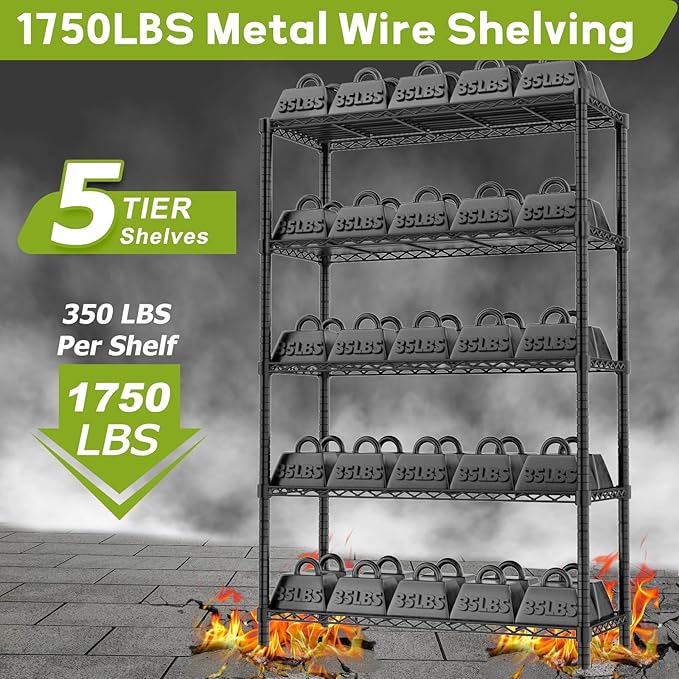 Storage Shelves, 4 PCS 36" L x 14" W x 72" H Heavy Duty Garage Wire Shelving Unit Loads 1750LBS, 5-Tier Adjustable Metal Industrial Utility Shelf Rack for Kitchen, Laundry Room, Basement