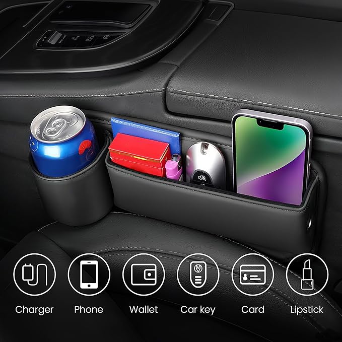 2-Pack PU Leather Car Seat Gap Organizer | 1 Cup Holder per Side | 11.2"x8.3"x2.5" Quick-Install Storage for Phone, Keys, Drinks (Left+Right)（Black）