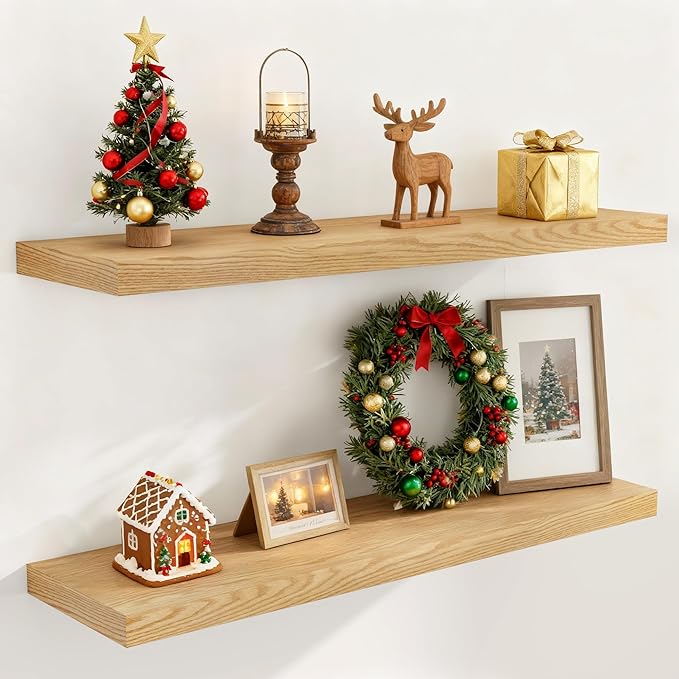 Fun Memories 40 Inch Floating Shelvese, 40" W x 9.3" D Floating Shelf Set of 2, Farmhouse Wood Wall Shelves for Bedroom, Kitchen, Wall Mounted Deep Shelving for Home Decor, Oak Color