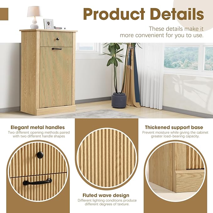 Grepatio Tilt Out Fluted Laundry Hamper Cabinet, 11 Gallon Hidden Laundry Hamper, Wooden Trash Can Cabinets with Drawer, Modern Garbage Can Cabinet for Bathroom, Kitchen, Living Room (Natural, Single)