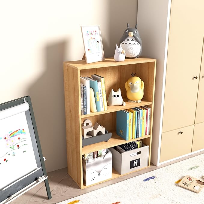 Wooden 3 Tier Book Shelf,3 Cube Storage Organizer,3 Tier Low Bookcase Storage Display Organizer, 33 Inch Versatile Cubes Shelf and Cubby Unit for Any Space (Natural Oak, 3 Cube-W(23.6inch)