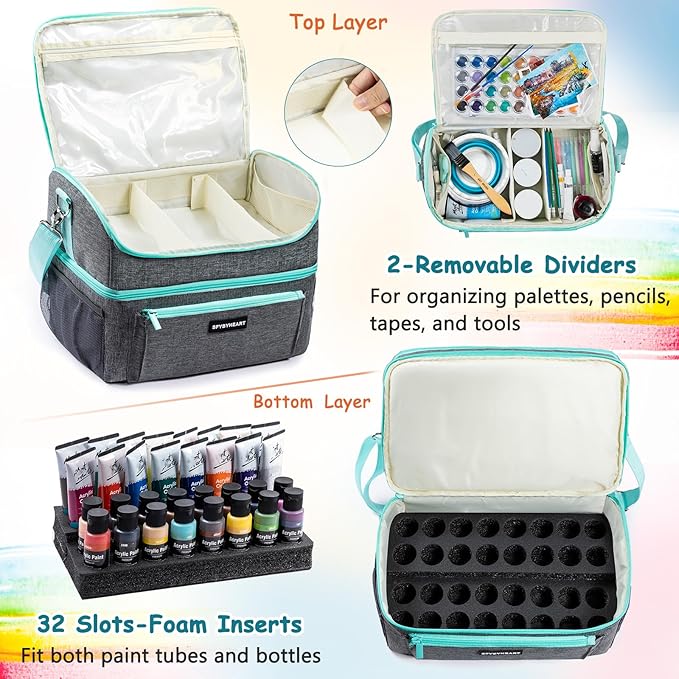 Acrylic Paint Organizer Bag with Washable Roll-Up Brush Holder, 2-Layer Art Supply Case, Large Craft Organizer with Foam Inserts for Apple Barrel, Shuttle Art, Caliart Art Supplies Storage Bag