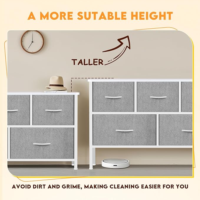 Curved Profile Dresser for Bedroom, Chest of Drawers, 5 Storage Drawers Organizer Unit, Black Dresser with Fabric Bins for Closet, Living Room, Kid Room (White)