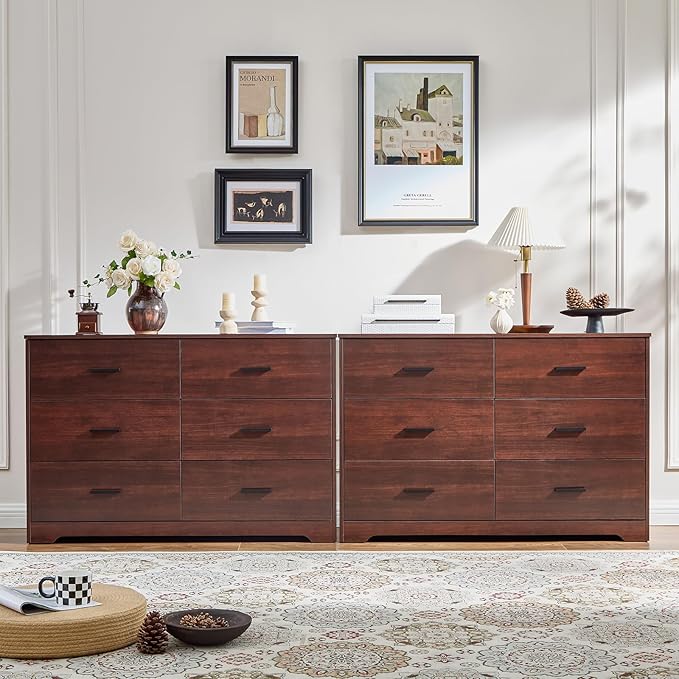 LIDYUK Dresser for Bedroom, Wood Dresser with 6 Drawers, Modern Minimalist Style Dressers & Chests of Drawers, 48 Inches Wide Chest of Drawers for Bedroom, Hallway, Living Room, Dark Cherry
