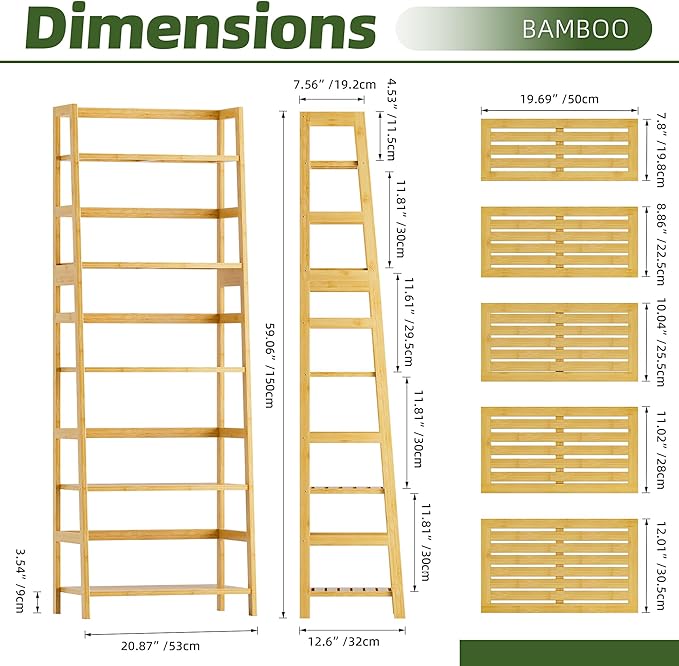 Ladder Shelf, 5-Tier Bookshelf, All Bamboo Heavy Duty Bookcase, Freestanding Open Wood Storage Rack, Modern Corner Display Plant Stand for Living Room, Home Office, Bathroom, Bedroom, Natural