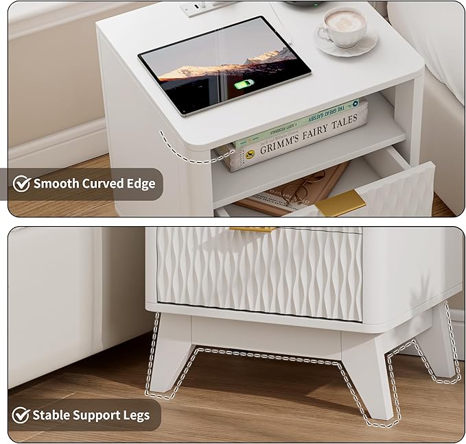 Fluted Nightstand with Charging Station, 18" Modern End Table with Storage Drawers, Bedside Table for Bedroom, White (1 Piece)