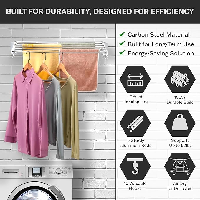 Wall Mounted Laundry Drying Rack, Retractable & Foldable, 31.5" Wide, 13.2 Linear Ft, 5 Heavy-Duty Aluminum Rods, 60 lb Capacity, Space-Saving Design, Easy Installation, Indoor/Outdoor (White)