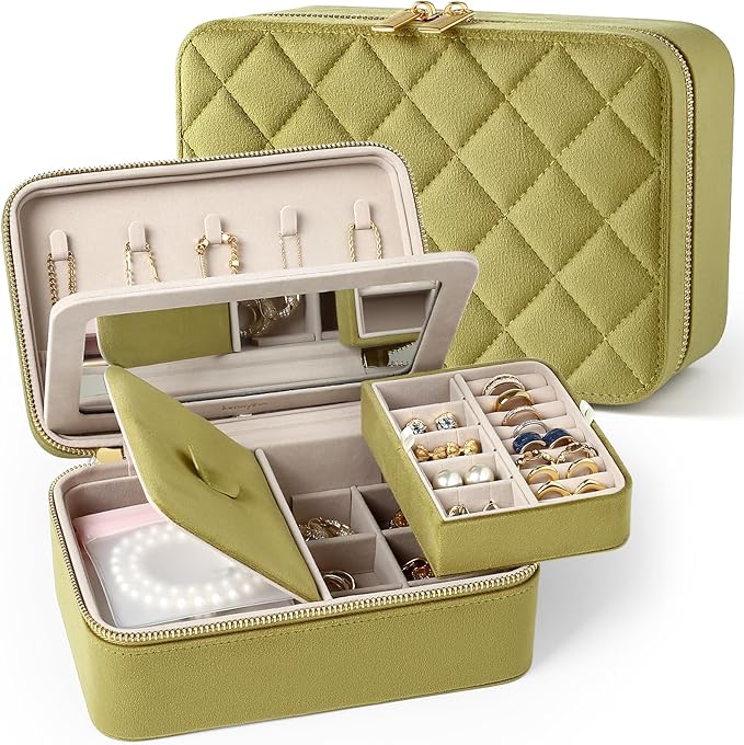 Velvet Travel Jewelry Box with Large Mirror, Double-Layer Jewelry Organizer Case for Women and Girls, Portable Storage Case with 6 Anti-Tarnish Bags Gift Ready for Her (Avocado Green)