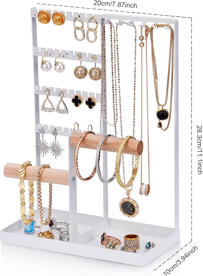 Elegant Jewelry Display Stand with Tray, Multi-Tier Organizer for Necklaces & Earrings, Sturdy Metal Frame for Vanity Tabletop Decor