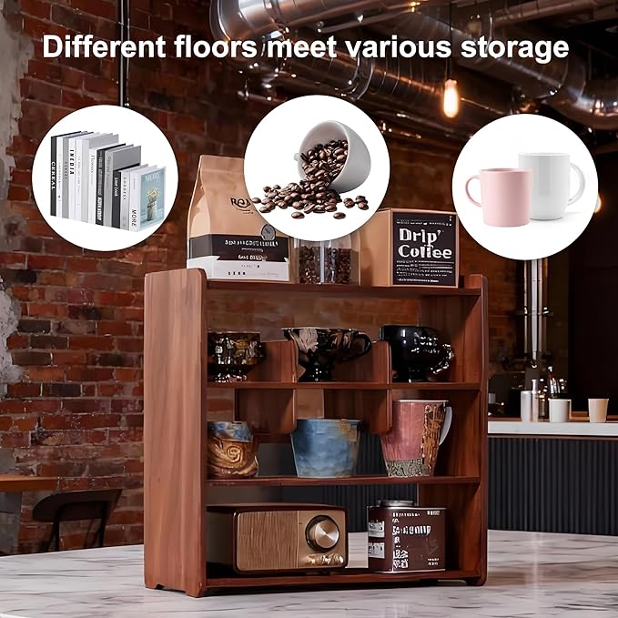 Coffee Cup Holder for Countertop Walnut Wood Coffee Mugs Holder for Kitchen Mug Display Rack (4-Tier Walnut wood B)