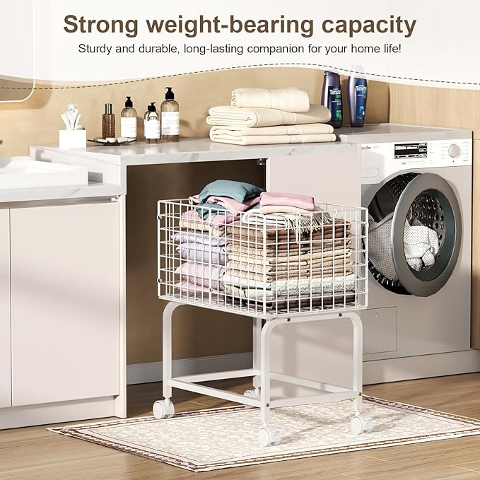 Wire Laundry Hamper Cart,80L Laundry Hamper Trolley with Pull Handle,White High Laundry Basket Cart for Laundry Room,Bathroom,Bedroom-White（23.6 * 15.75 * 28inch）