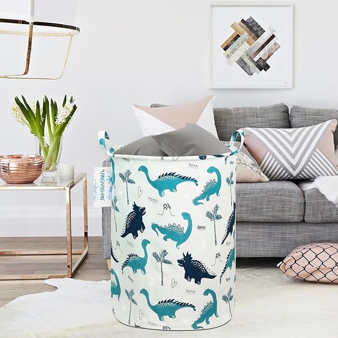 LANGYASHAN Laundry Basket Canvas Fabric Collapsible Organizer Basket for Storage Bin Toy Bins Gift Baskets Bedroom Clothes Children Nursery Hamper (Full dinosaur)