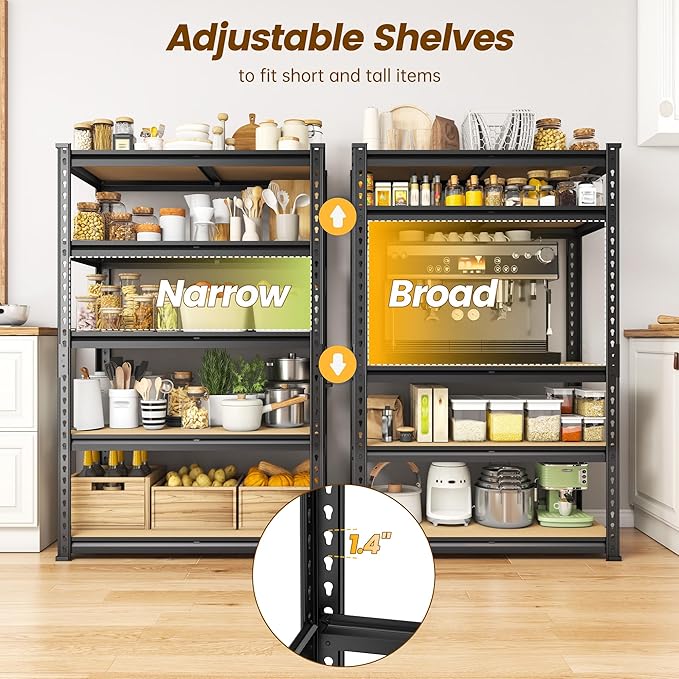 5-Tier Storage Shelves, 1980LBS Adjustable Pantry Shelves, Metal Shelving Unit for Storage, Kitchen, Pantry, Closet, Laundry, Garage, 59.8" H x 27.55" W x 11.81" D