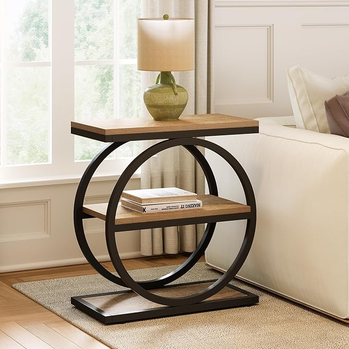LITTLE TREE 3-Tier End Table, Side Table with Storage Shelves, Small Sofa Side Table for Living Room, Wooden Side End Table with Double Round Metal Legs, Slim Nightstand and Bedside Table, Oak