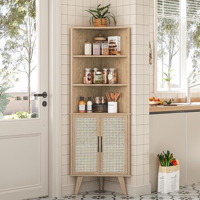 Corner Cabinet with Rattan Doors, Tall Farmhouse Corner Display Shelf with Bottom Storage Cabinet and 3 Adjustable Shelves Home Office Space Saver for Bathroom, Kitchen, Bedroom and Living Room