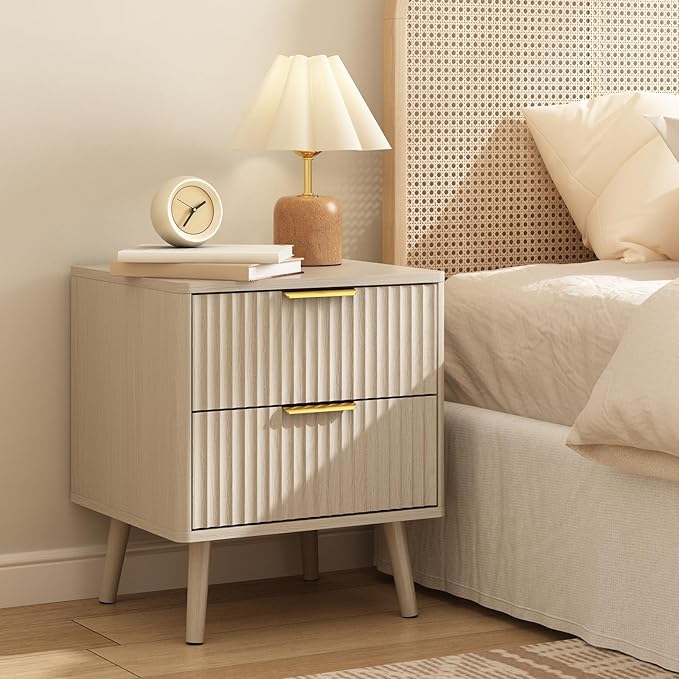 CARPETNAL Fluted Nightstand, Beige Bedside Table with 2 Drawers and Gold Handles, Wood End Table Mid Century Night Stands for Bedroom Living Room