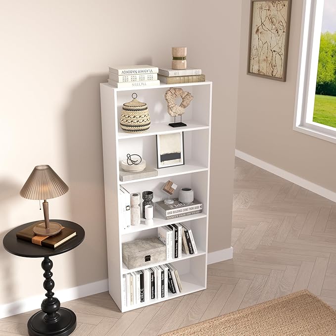 5 Tier Book Shelf,Wooden 5 Cube Storage Organizer, 54 Inch Versatile Cubes Shelf and Cubby Unit for Any Space (White, 5 Cube-W(23.6inch)