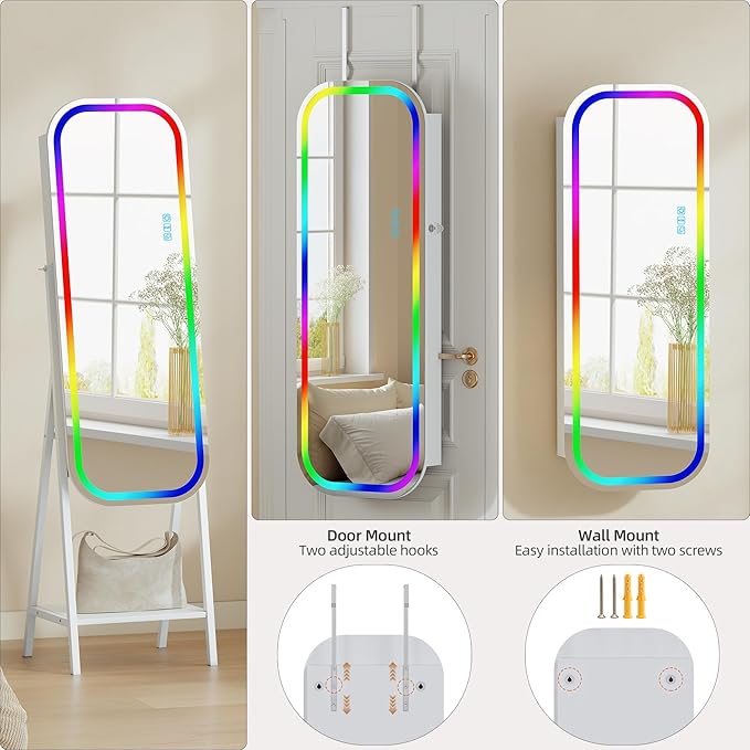 6 LED Mirror Jewelry Cabinet - Wall/Door Mounted Armoire with Large Capacity, Lockable, 14 Dimmable Lights + Adjustable Full-Length Standing or Hanging, White - Cosmetic Storage Organizer, Gift Idea