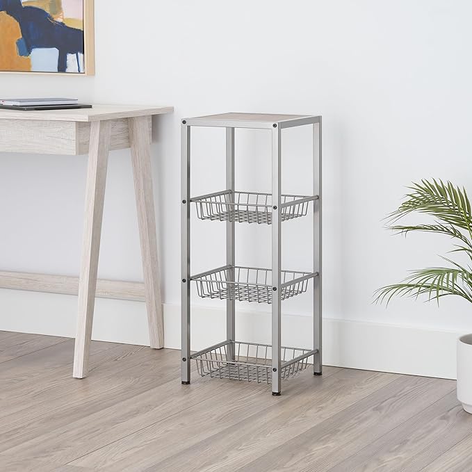 TRINITY 4-Tier Freestanding Metal Shelving Rack with Wire Baskets, Wood Top, and Adjustable Feet, 12"x12"x30", Champagne + Classic Gray Top