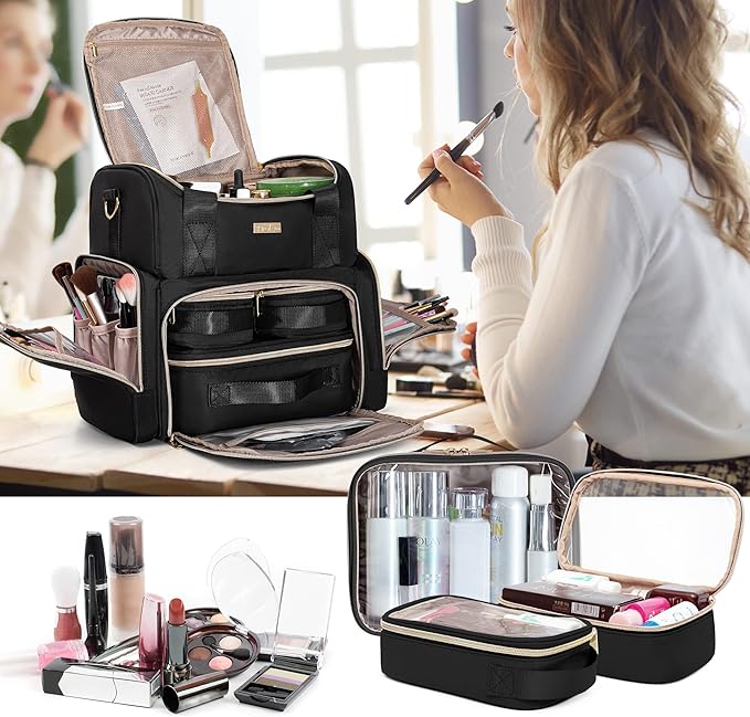 Large Cosmetic Bag with 3 Removable Case, Double Layer Travel Organizer with Inner Dividers and Makeup Brushes Storage Section, Black (Patented Design)