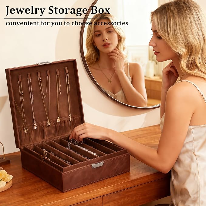BEWISHOME Necklace Organizer Box, 2-Layer Jewelry Box to Save Space, Modern Style Necklace Storage Box, Brown Necklace and Bracelet Holder for Women, Girls, SSH31Z