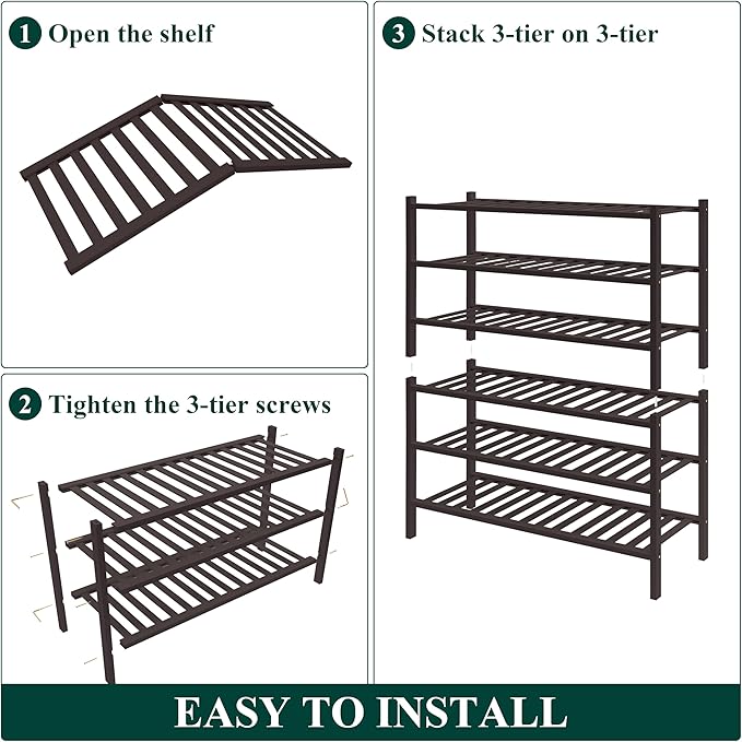 Smiry Bamboo Shoe Rack for Closet, 6 Tier Wooden Stackable Shoe Organizer, Free Standing Shoes Storage Shelf for Entryway, Front Door Entrance, Brown