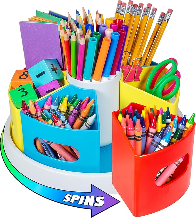 Rotating Art Supply Organizer for Kids, Crayon Caddy for Kids Desk or Pencil and Marker Holder for Teachers, Classroom Arts and Crafts and Homeschool School Supplies Storage