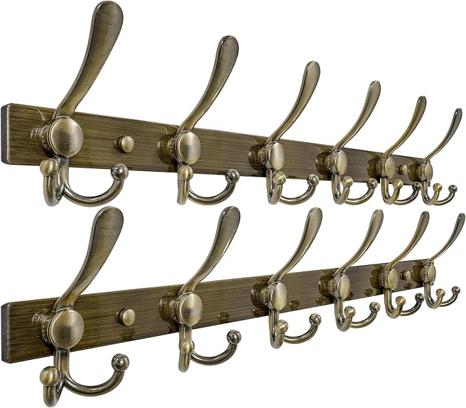 Dseap Coat Rack Wall Mount 2.0 Pro: 24” Long, 3X Tougher, Heavy Duty Stainless Steel Wall Coat Hanger with 6 Tri Hooks for Clothes Jackets Hats Entryway Closet, Bronze, Pack of 2