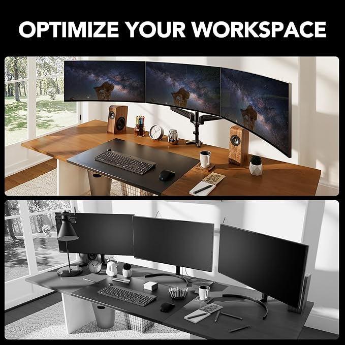 HUANUO Triple Monitor Mount for 17 to 32 inch Screens, Adjustment Triple Monitor Stand with Swivel, Tilt, Rotation, Clamp & Grommet Kit