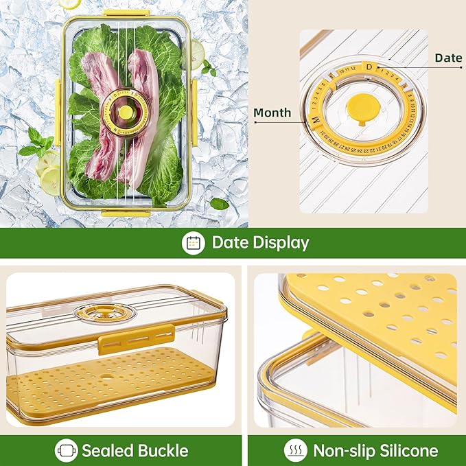 CottonColors Fridge Organizer, Food Storage Containers With Lids for Timer & Drain Board Stackable Refrigerator Organizers and Storage(Tall & Short, Small, 3.3 L + 1.5 L, 2 Pack)