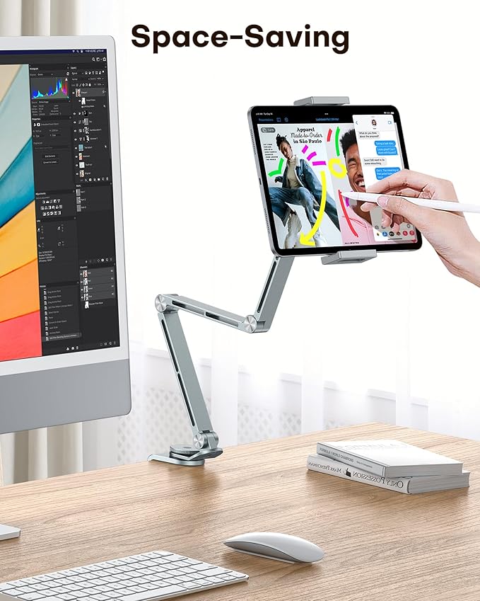 OMOTON Adjustable Tablet Stand for iPad, Desk Phone Holder for Bed with 2 Clamps, Flexible Aluminum Alloy Mount with 360° Rotation for 4-13" Devices