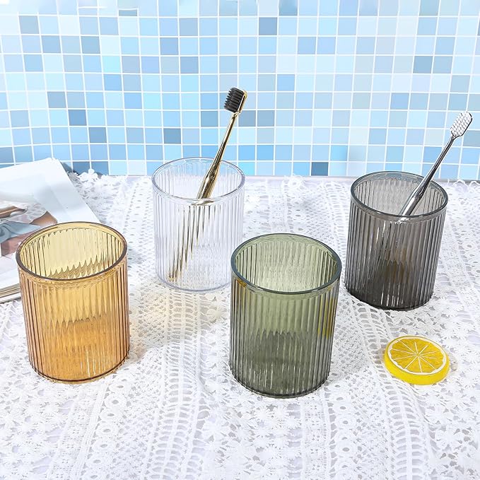 DASITON Makeup Brush Holder Organizer, Acrylic Makeup Brush Cup, Vintage Striped Make Up Brush Holder for Vanity, Bathroom Countertop, Toothbrush Holders, Pen Holder for Desk Storage (Green)