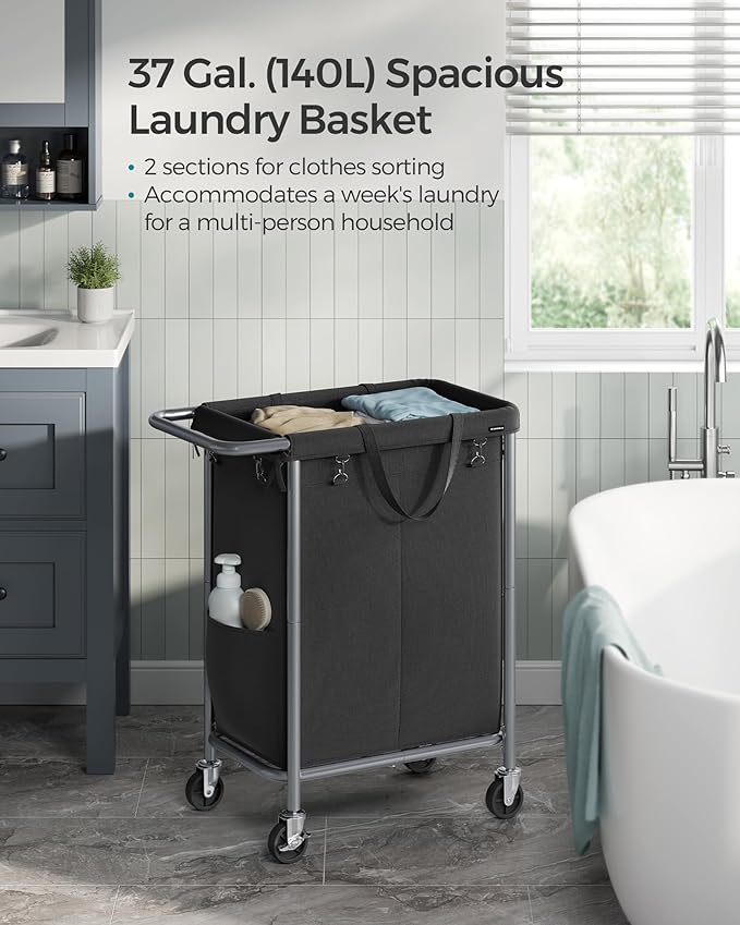 SONGMICS Laundry Basket with Wheels, 2-Section Rolling Laundry Hamper, 37 Gallons (140 L), Removable Liner, Steel Frame with Handle, 27.2 x 15.4 x 31.9 Inches, Ink Black URLS004B01