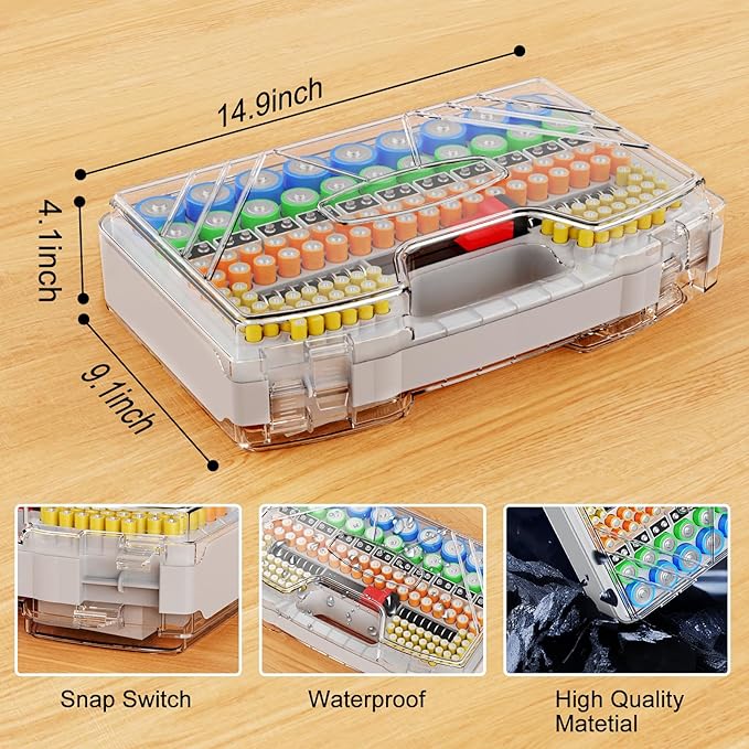 Battery Organizer Storage Holder Box Case with Tester, New Ultra-Large 285+Batteries Double-Sided Variety Pack, Holds AA AAA 4A C D 9V 3V Button Cell Lithium18650 CR2 CR123 CR1632 LR44 (Grey)