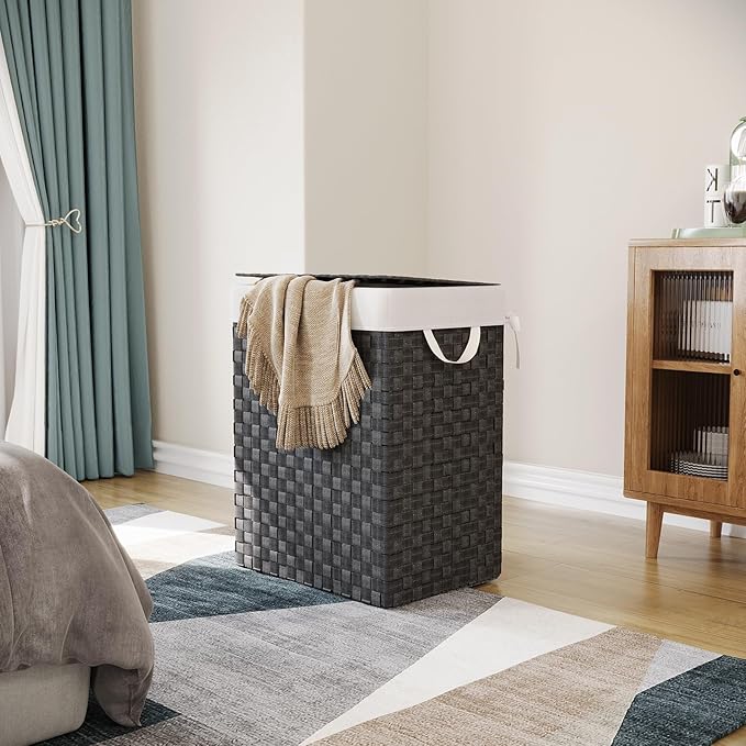 Foldable Laundry Hamper Basket with Lid by Fiona's magic, Handwoven 96L Large Clothes Hamper with Removable Liner Bags, Collapsible Tall Hamper for Bedroom, Bathroom and Dorm Organizer, Black