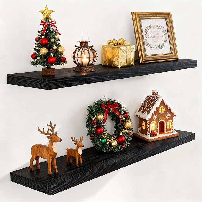 Fun Memories Black Floating Shelves 48 Inch Long, Wood Wall Shelves 48x9.3x1.5, 9.3 Inch Deep Floating Shelf for Wall, Large Black Shelves for Home Decor & Storage, Set of 2