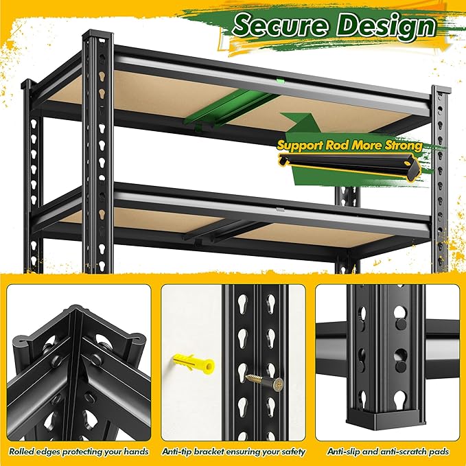 60.1" H Garage Storage Shelves 1990LBS Storage Shelves, 5 Tier Adjustable Metal Shelving, Garage Shelving for Storage, Basement, Warehouse, Pantry, Kitchen, 27.5" W x 11.9" D x 60.1" H, Black, 2 Pack