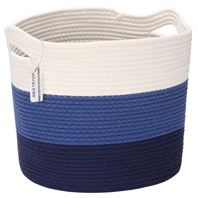 Sea Team Oval Large Cotton Rope Woven Storage Basket with Handles, Diaper Caddy, Baby Shower Basket, Nursery Nappies, Clothes Toys Organizer for Kid's Room, 16 x 13 inches, White & Navy