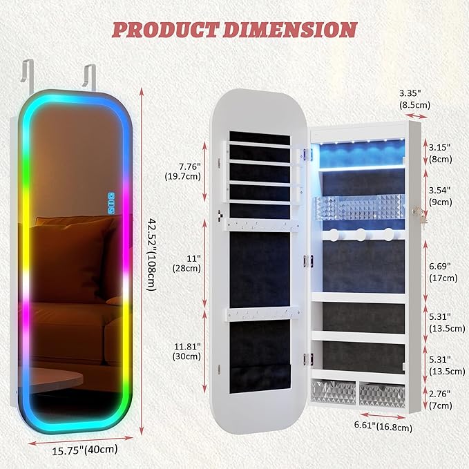 LVSOMT Round Mirror Jewelry Cabinet Door Hang, Jewelry Armoire with Mirror Wall Mounted, Hanging Mirror Jewelry Organizer, Full Length Mirror with Jewelry Storage, RGB Lights