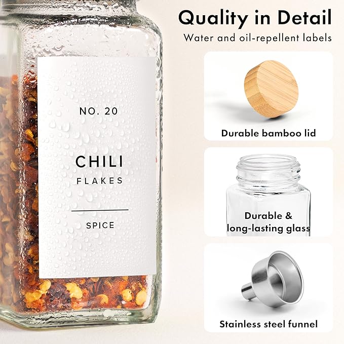 Square Spice Jars with Bamboo Wooden Lid (Pack of 24) Spice Jars with Shaker Insert and 240 Labels - Bamboo Lid Glass Container for Spice Organisation [4.3 in × 1.8 in]