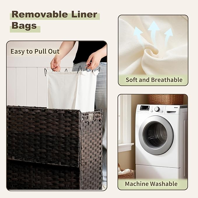Laundry Hamper with Lid, 130L(34.4 Gal) Rattan Laundry Hamper 3 Section with 50L (13.2 Gal) Storage Shelf, Wicker Woven Laundry Sorter Basket with 4 Liner Bags and Handles, Brown GLH003BR